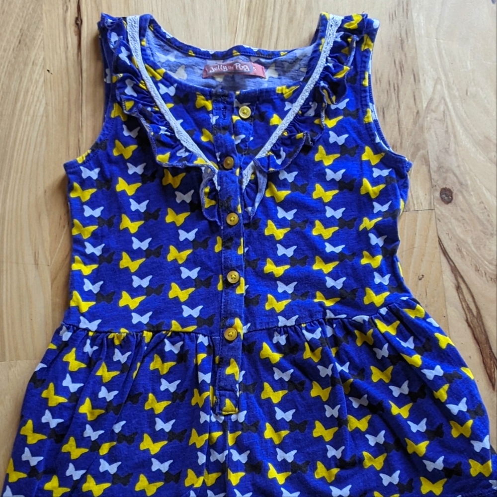 Jelly the Pug 🐶 Size 5 Blue & Yellow Butterfly 🦋 Sleeveless Summer Romper